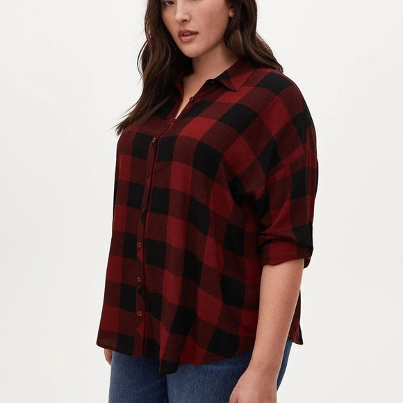 Torrid NEW Red Black Button Front Collared Rust Plaid Drop Shoulder Shirt Size 3 - Picture 1 of 9